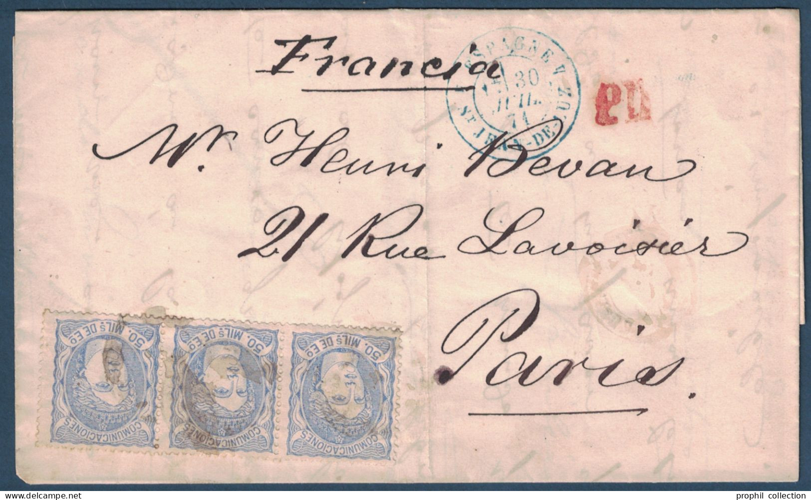 LETTRE COVER LEON SPAIN ESPAGNE > FRANCIA CACHET PD CAD BLEU ENTRÉE FRANCE ST JEAN DE LUZ 1871 - Brieven En Documenten