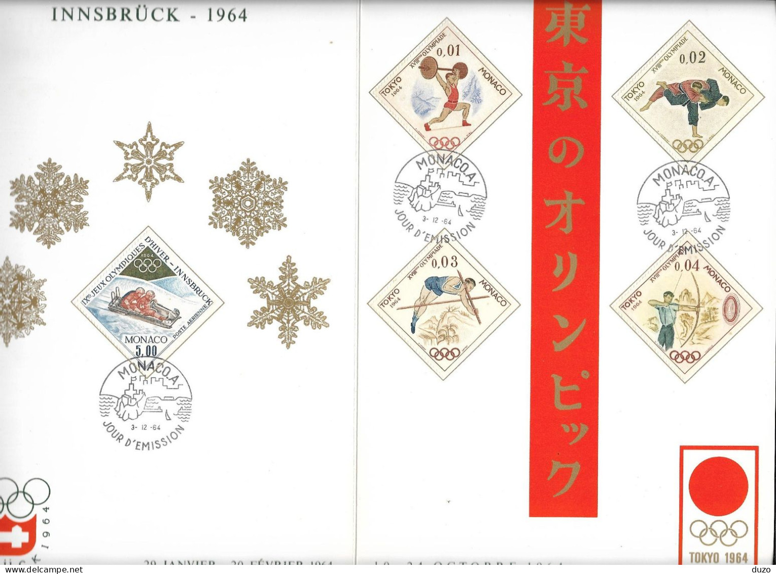 1◙  Monaco - Encart De Luxe: FDC 1er Jour J.O D'hiver Innsbrück 1964/J.O D'été 1964 Tokyo -  Format 24x16 Cms (TTB). - FDC