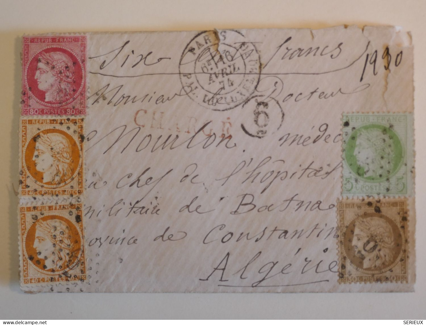 C FRANCE LETTRE QUADRICOLORE CHARGEE RARE 1874  ETOILE DE  PARIS N°6 A CONSTANTINE ALGERIE++BEL AFFRANCHISSEMENT ++++ - 1849-1876: Klassik