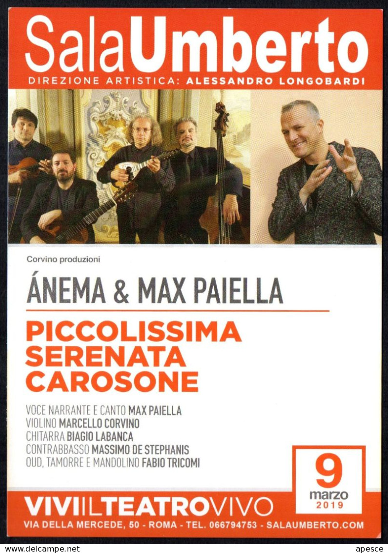 MUSIC - ITALIA 2019 - ROMA: SALA UMBERTO - ANEMA & MAX PAIELLA - PICCOLISSIMA SERENATA CAROSONE - PROMOCARD - I - Teatro