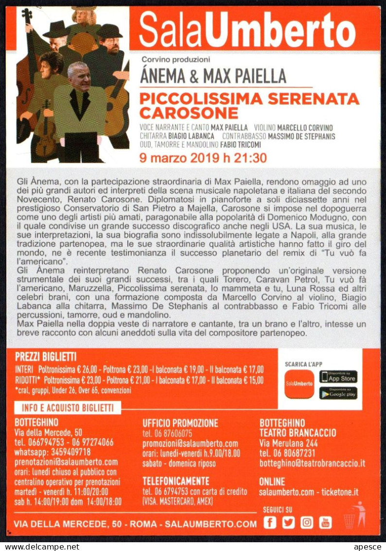 MUSIC - ITALIA 2019 - ROMA: SALA UMBERTO - ANEMA & MAX PAIELLA - PICCOLISSIMA SERENATA CAROSONE - PROMOCARD - I - Teatro