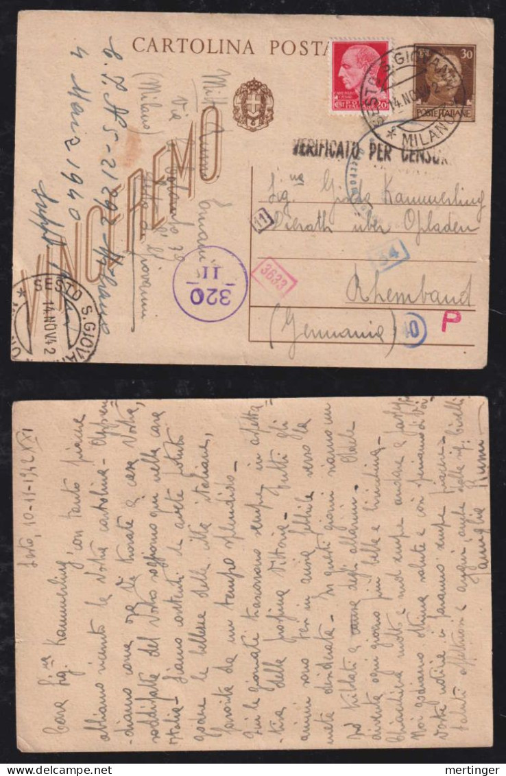 Italy 1942 Double Censor Uprated Stationery Postcard SESTO X RHEMBAND Germany - Sonstige & Ohne Zuordnung