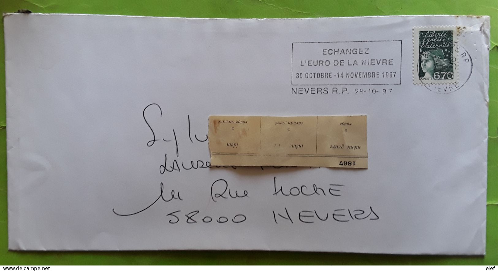 Lettre De NEVERS Flamme Temporaire  Monnaie ECHANGEZ L'EURO DE LA NIÈVRE 30 Octobre 14 Novembre 1997,  Luquet,6,70 F - Monedas