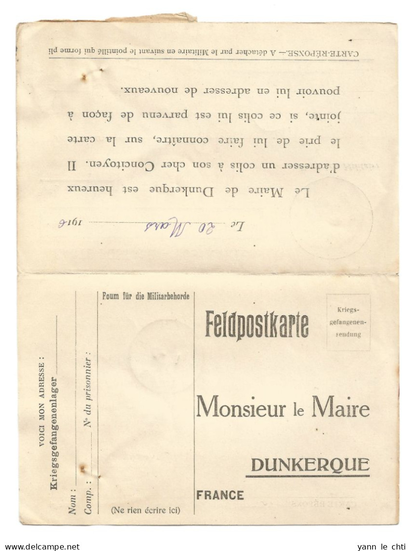 KRIEGSGEFANGENENSENDUN Mairie Dunkerque Nord Prisonnier Guerre Baraque 3A Camp De Senne III Sennelager Colis Inconnu WWI - Gevangenenpost