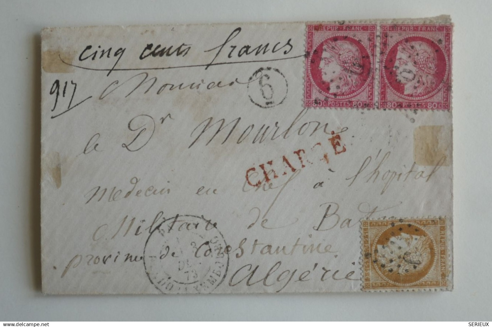 C FRANCE LETTRE  CHARGEE RARE 1873  ETOILE  PARIS N°6 A BATNA CONSTANTINE ALGERIE+PAIRE  CERES 80C ++++ - 1849-1876: Période Classique