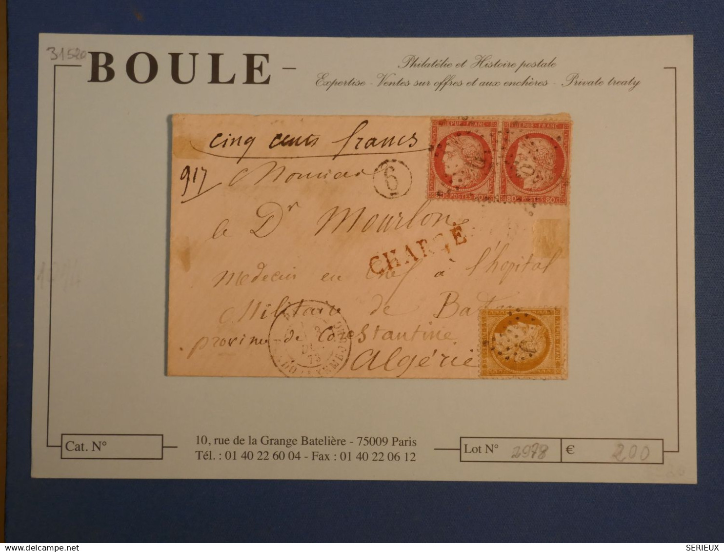 DN2 FRANCE LETTRE  CHARGEE RARE 1873  ETOILE  PARIS N°6 A BATNA CONSTANTINE ALGERIE+PAIRE  CERES 80C ++++ - 1849-1876: Klassik