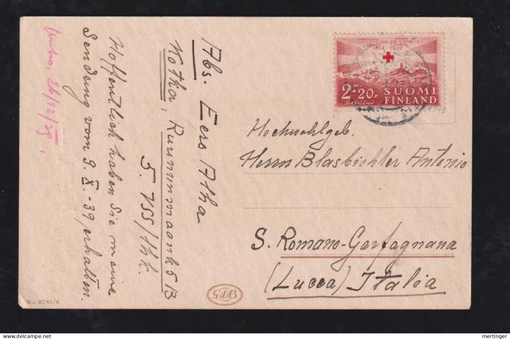 Finnland Finland 1939 Picture Postcard KOTKA X S.ROMANO Italy Red Cross Stamp - Storia Postale