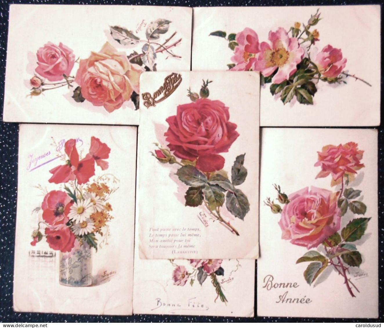 CPA Lot 6 X Litho Illustrateur EUDE  BOUQUET FLEURS FLEUR EGLANTIER BLEUET Rose VOEUX LANGAGE - Sammlungen & Sammellose