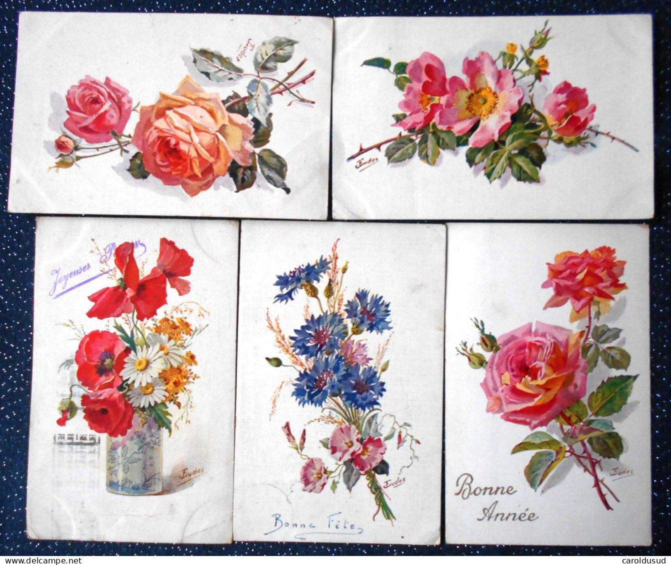 CPA Lot 6 X Litho Illustrateur EUDE  BOUQUET FLEURS FLEUR EGLANTIER BLEUET Rose VOEUX LANGAGE - Collections & Lots