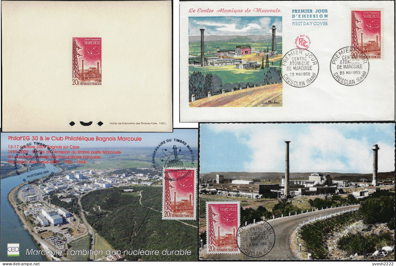 France 1959 Y&T 1204, Feuillet De Luxe, FDC Et 2 Cartes Maxima. Centre Atomique De Marcoule, Gard - Atom