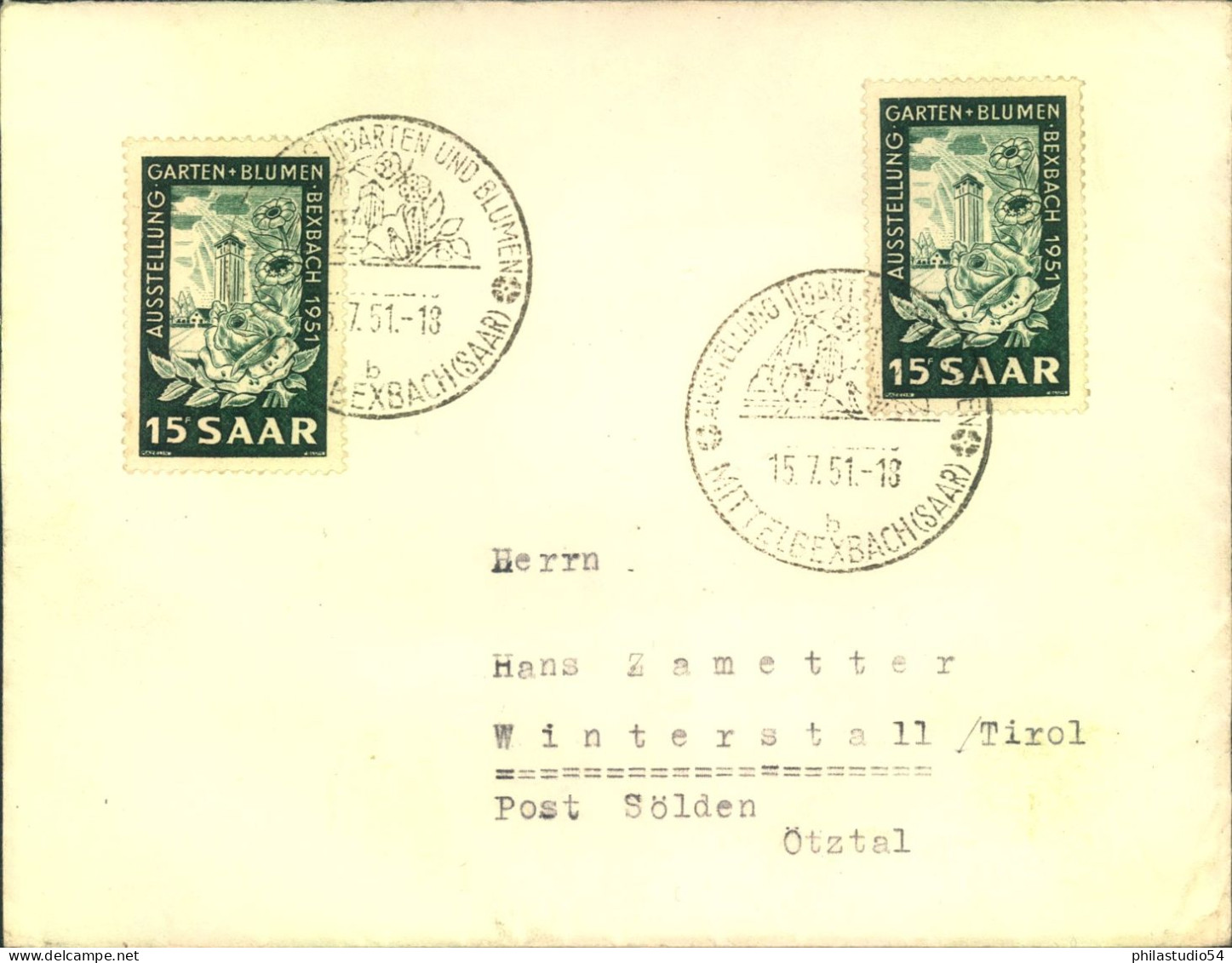 1951, Auslandsbrief Mit 2-mal 15 F. Gartenbau-Ausstellung Bexbach - Storia Postale