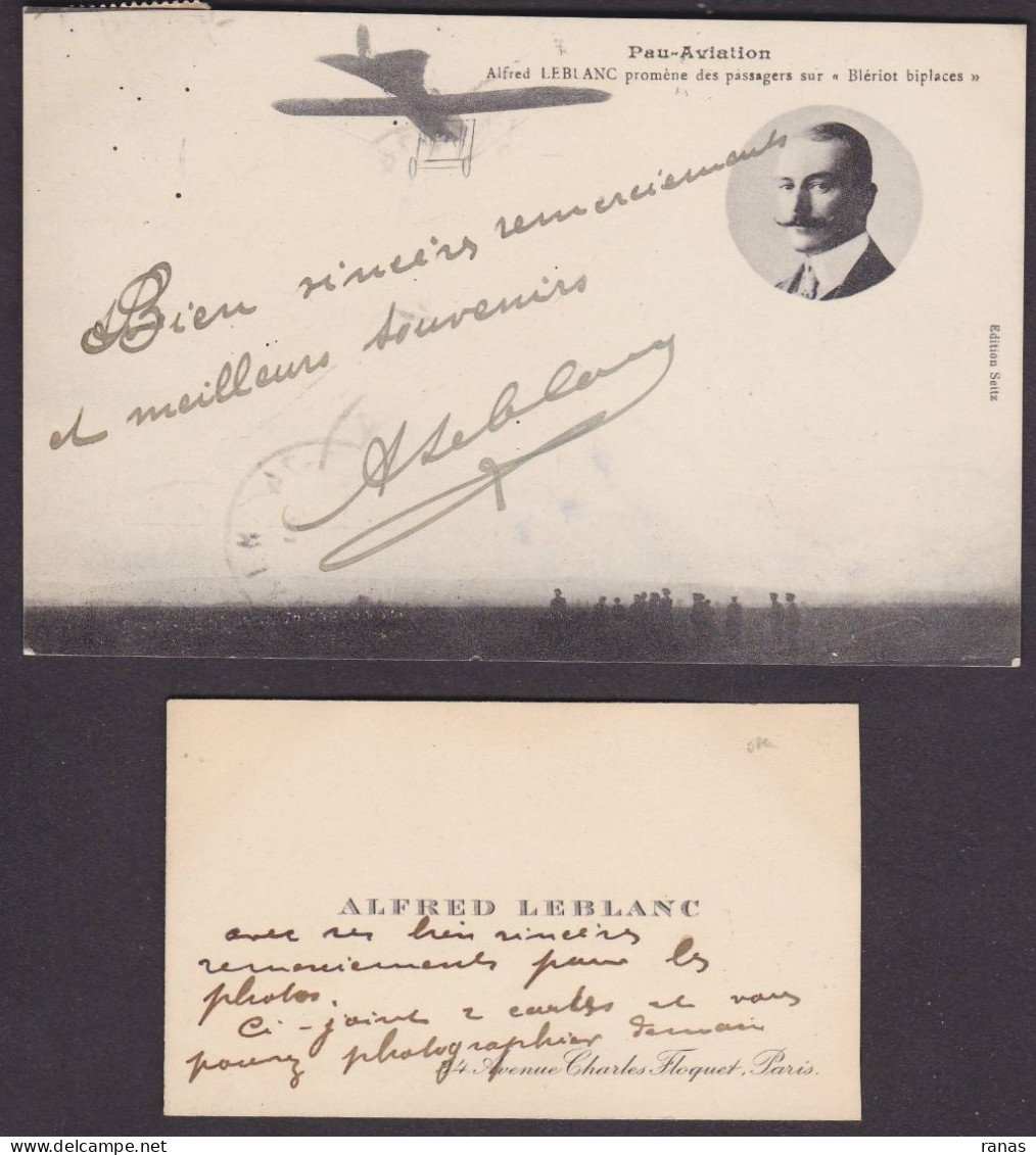 CPA Autographe Alfred LEBLANC PAU Pilote Aviateur Aviation écrite Par Lui + Carte De Visite Collection Courtois - Aviatori E Astronauti