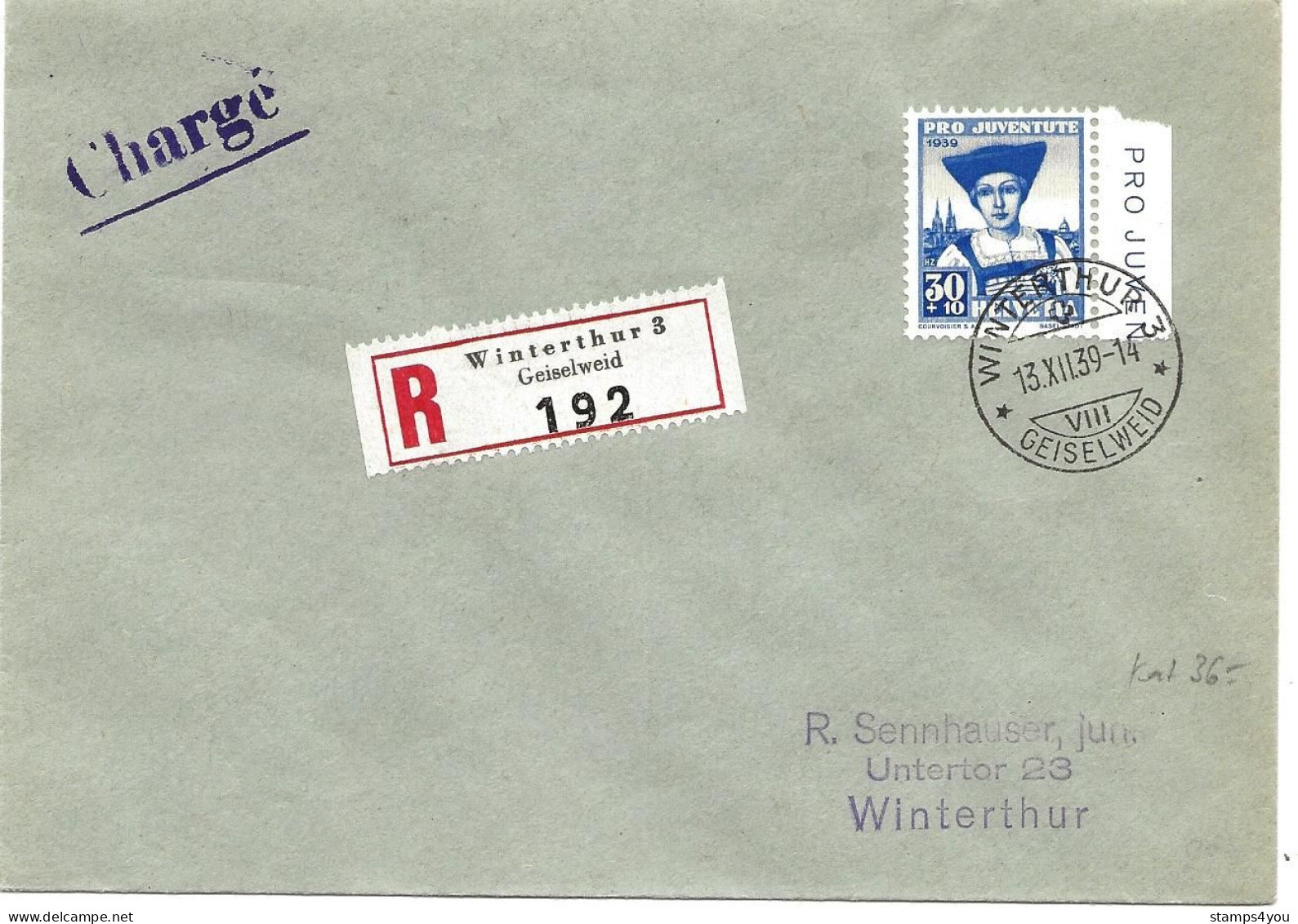 100 - 58 - Enveloppe Recommandée Envoyée De Winterthur  1939 - Timbre  Pro Juventute - Covers & Documents