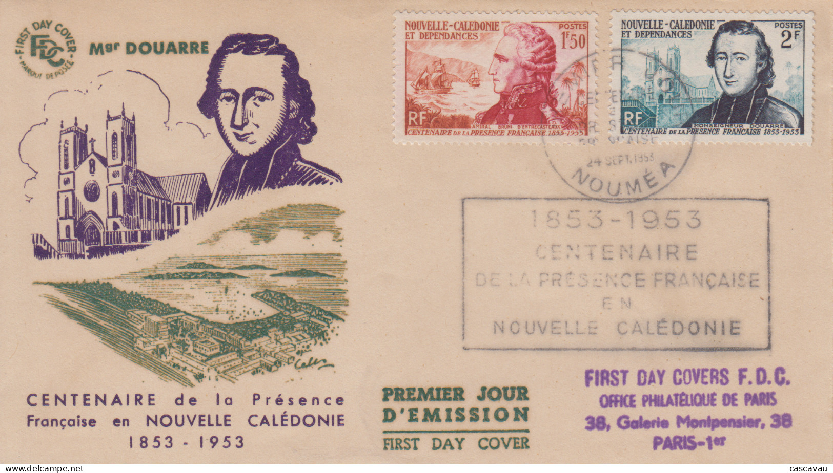 Enveloppe FDC  1er  Jour   NOUVELLE   CALEDONIE   Centenaire  De   La   Présence   Française    1953 - FDC