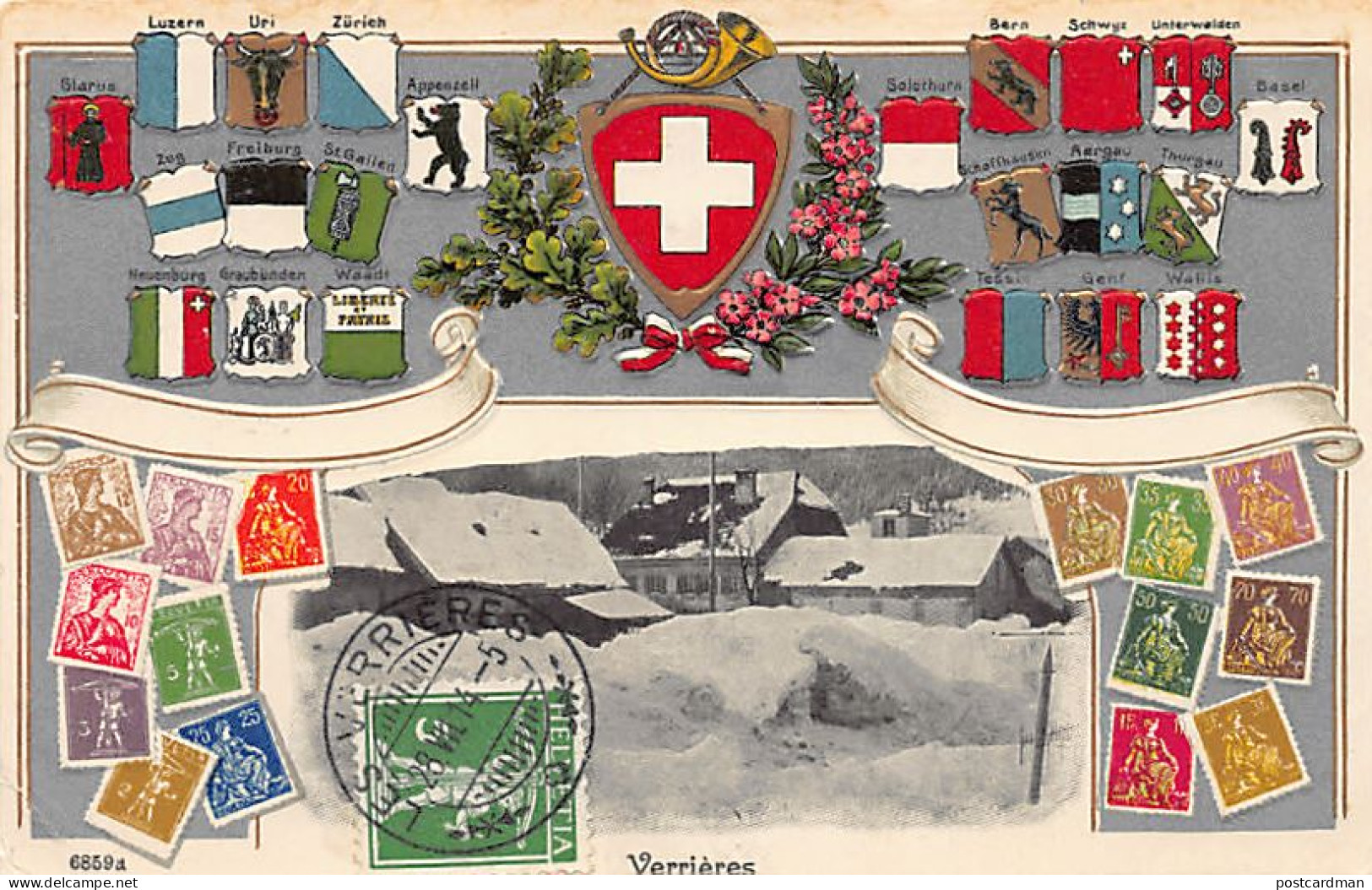 LES VERRIÈRES (NE) Carte Philatélique - Ecussons Cantons Suisses En Relief - Ed. H. Guggenheim & Co - Les Verrières