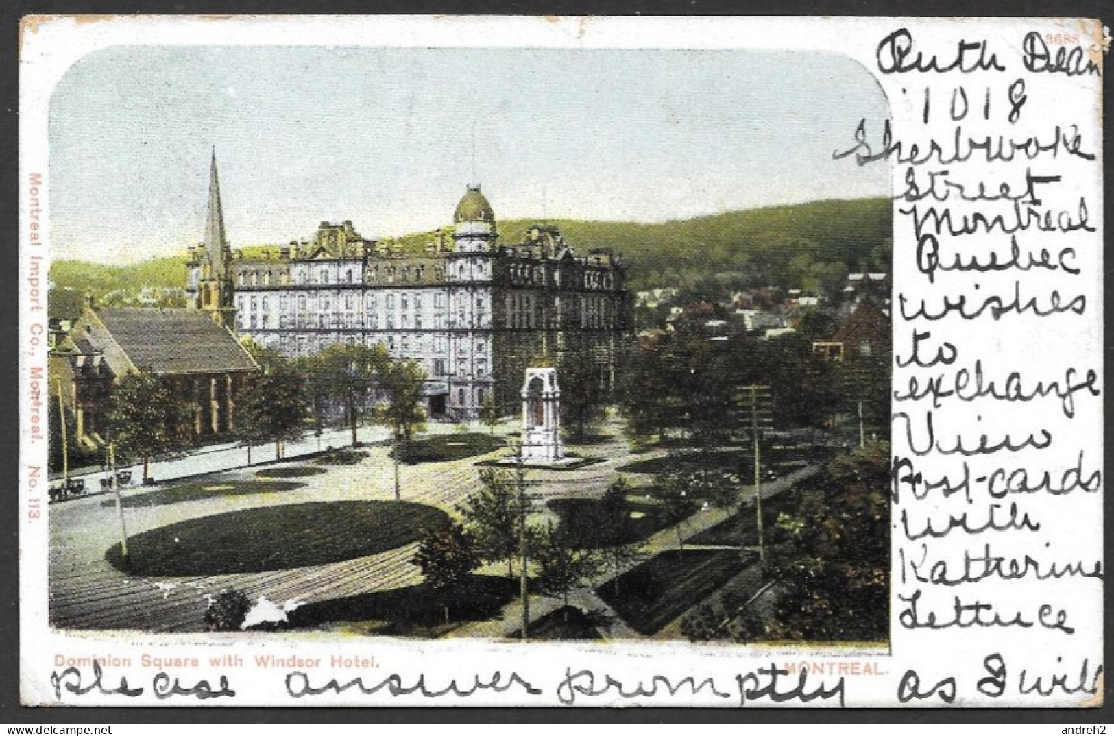 Montreal Québec - C.P.A. - Postmarked 1905 - Dominion Square With  Windsor Hotel - Montreal Import - No 113 - Montreal