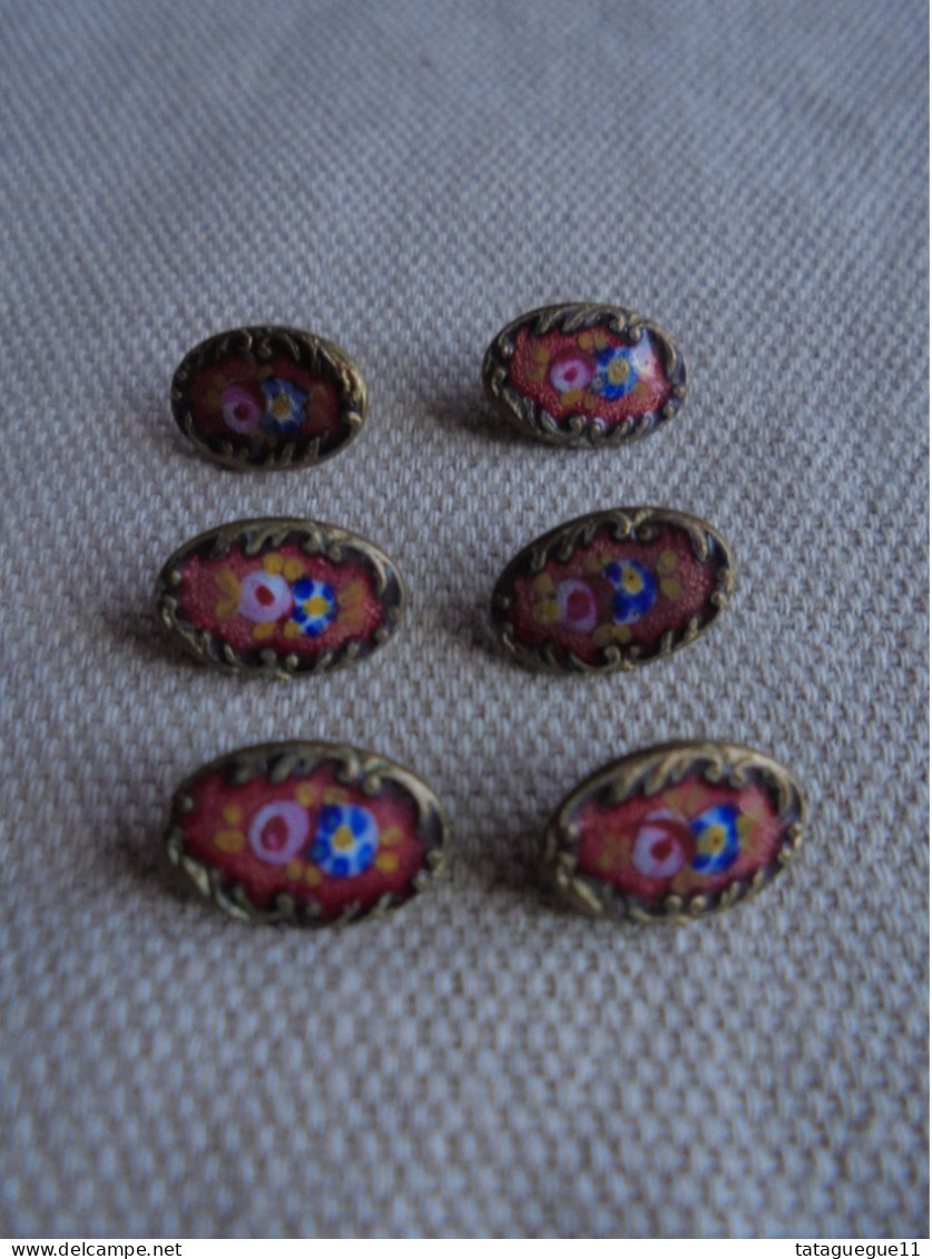 Ancien - 6 mini boutons ovales laiton et émail 1,2 X 7 mm AP&C Paris Art Nouveau