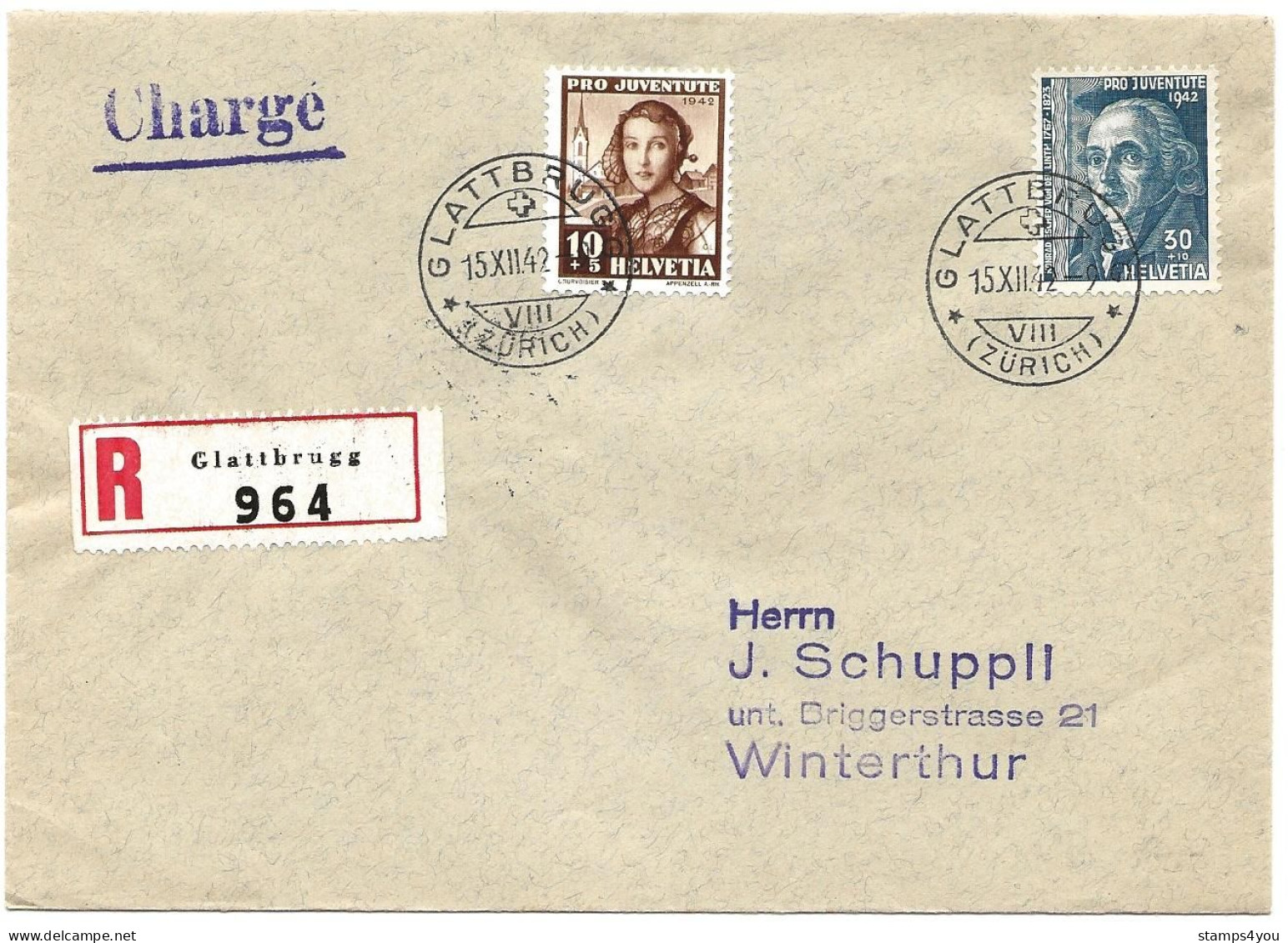 100 - 12 - Enveloppe Recommandée Envoyée De Glattbrugg 1942 - Timbres Pro Juventute - Brieven En Documenten