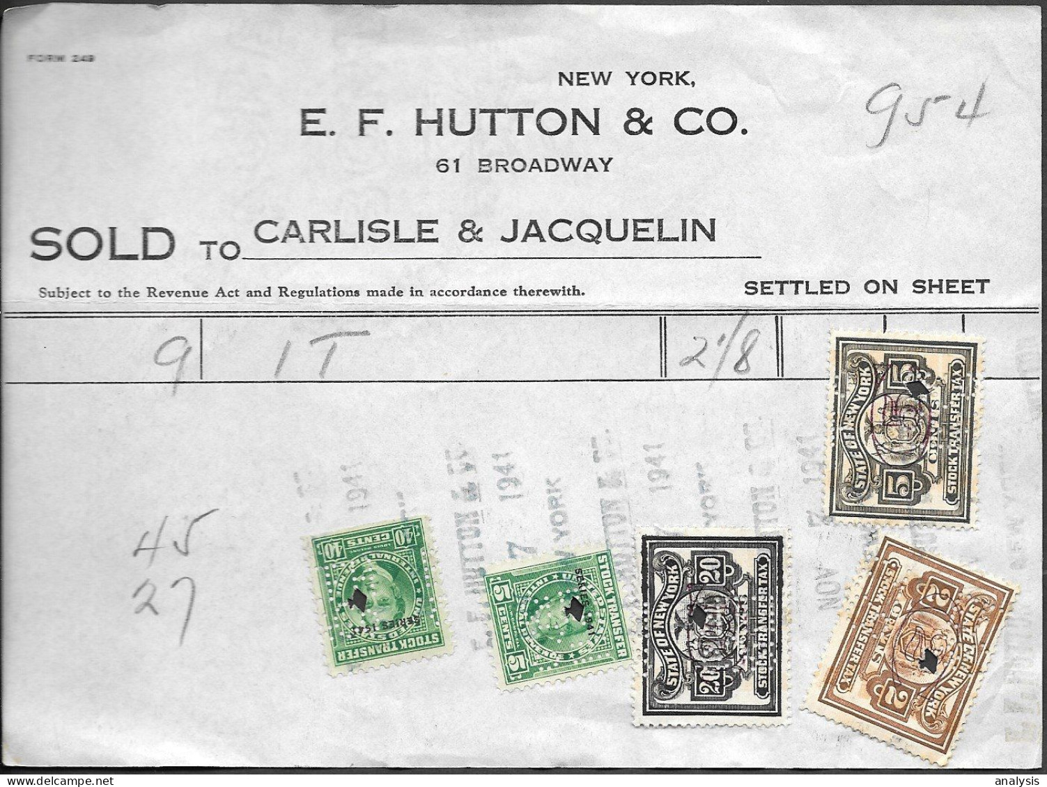 USA Stock Transfer Document W/ Revenue Stamps 1941 ##03 - Storia Postale