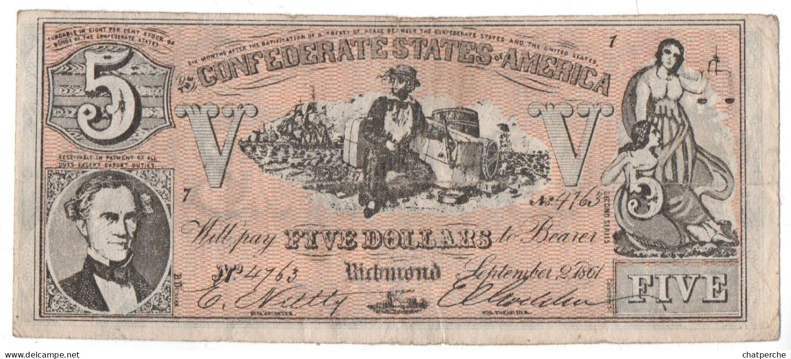 POUR COLLECTIONNEUR FAUX-BILLET FAKE 5 FIVE DOLLARS THE CONFEDERATE UNITED STATES OF AMERICA - Verzamelingen