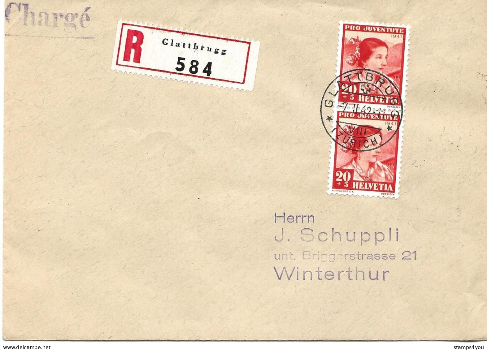 79 - 53 - Enveloppe Recommandée Envoyée De Glattbrugg 1942 - Timbres Pro Juventute - Brieven En Documenten