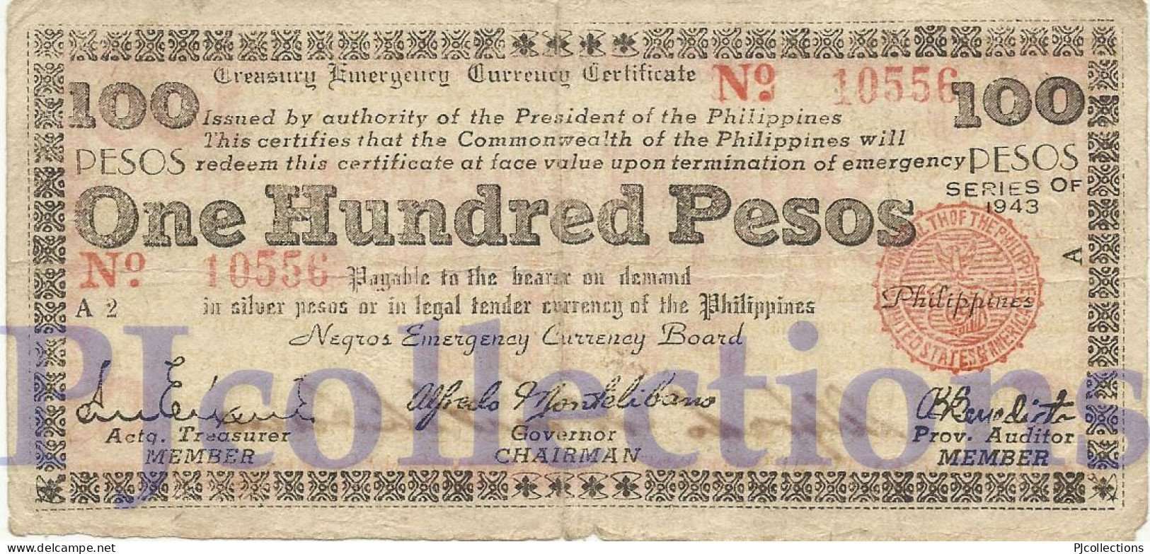 PHILIPPINES 100 PESOS 1943 PICK S666 FINE+ EMERGENCY BANKNOTE - Philippines