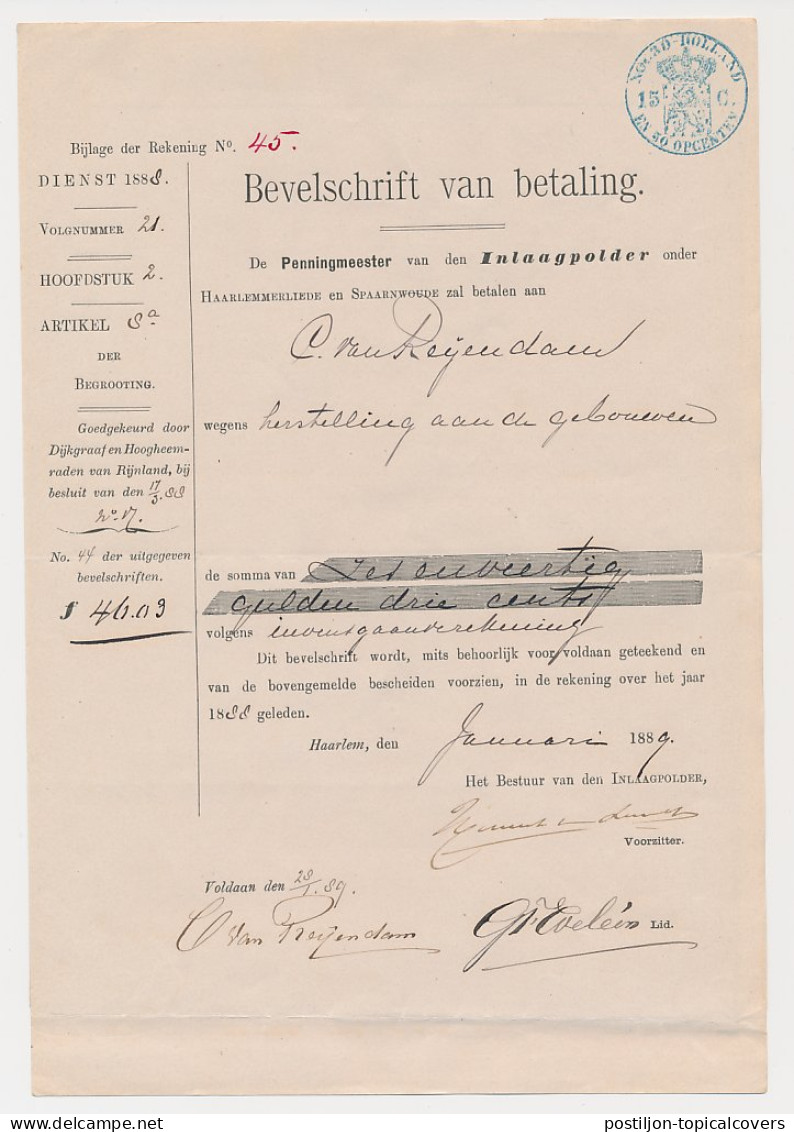 Fiscaal Stempel - Bevelschrift Inlaagpolder 1884 + Nota - Revenue Stamps
