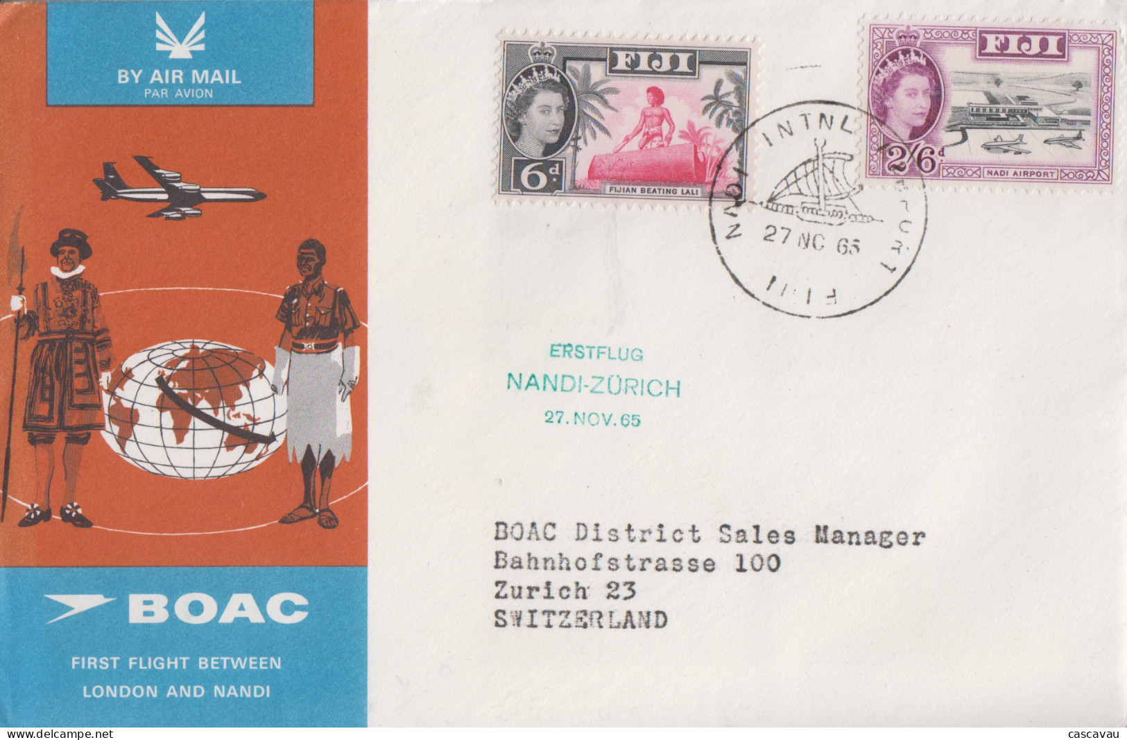 Enveloppe    FIDJI   1er  Vol   NANDI - ZÜRICH   1965 - Fidschi-Inseln (...-1970)