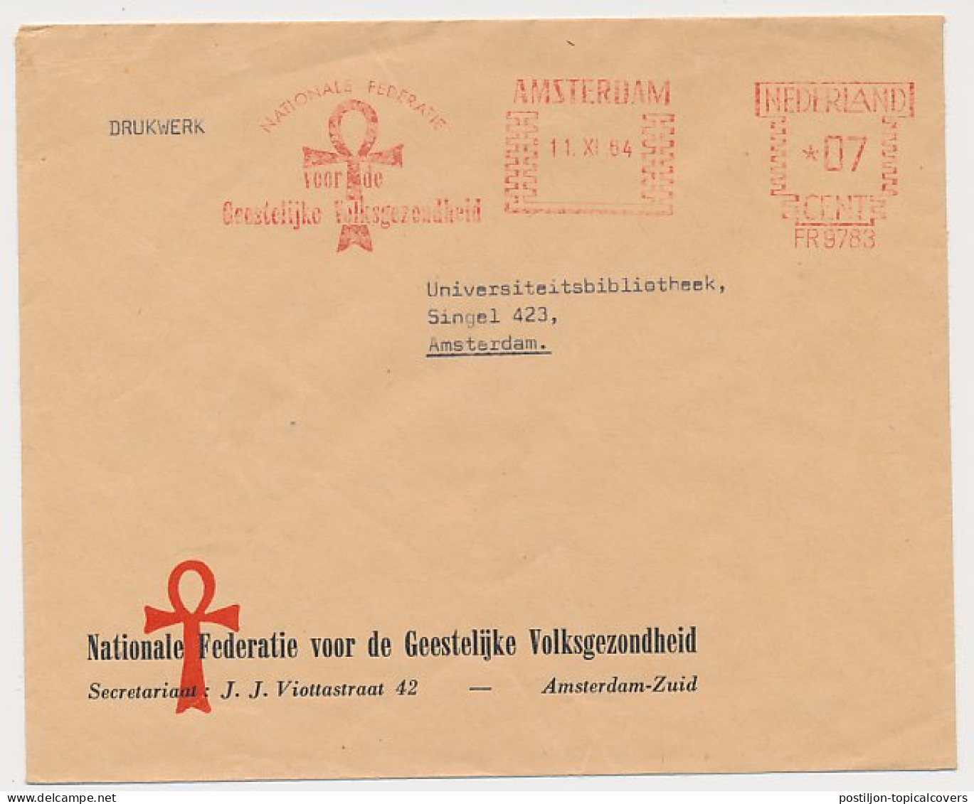 Meter Cover Netherlands 1964 Federation For Mental Health - Cross - Amsterdam - Sonstige & Ohne Zuordnung