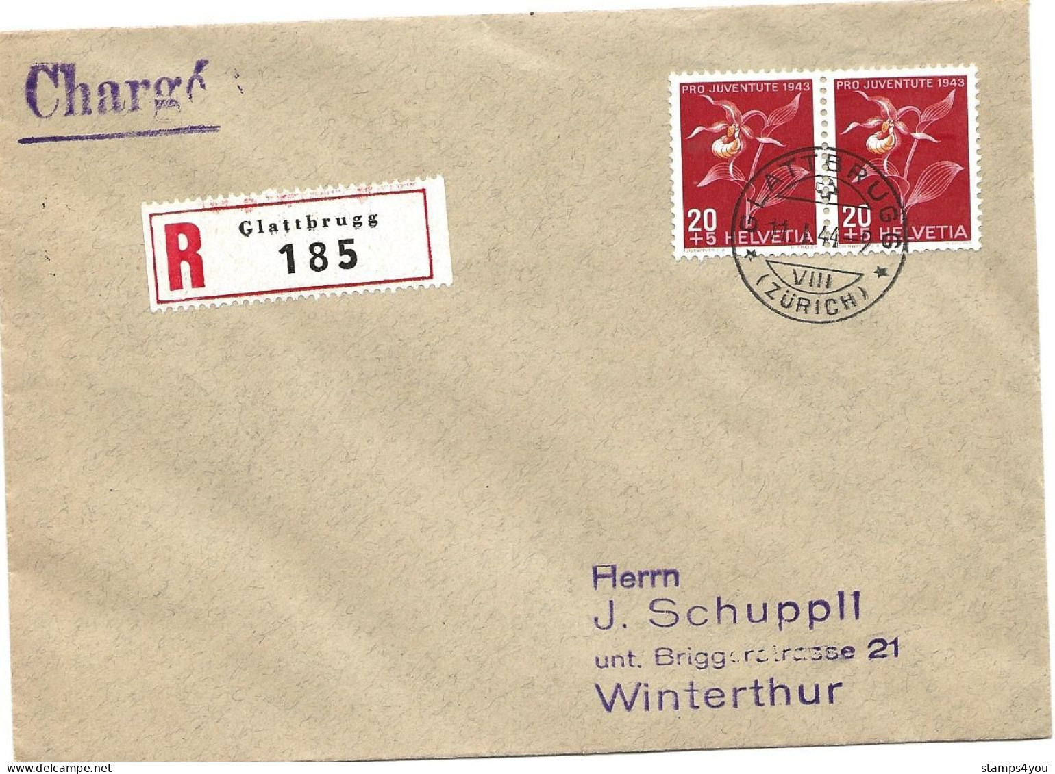 33 - 89 - Enveloppe Recommandée Envoyée De Glattbrugg 1944 - Timbres Pro Juventute - Briefe U. Dokumente