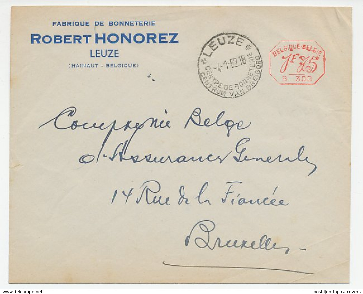 Cover / Postmark Belgium 1952 Leuze - Centre Of Knitwear - Tessili
