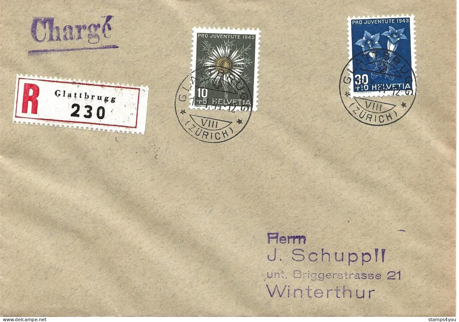 33 - 87 - Enveloppe Recommandée Envoyée De Glattbrugg 1944 - Timbres Pro Juventute - Briefe U. Dokumente