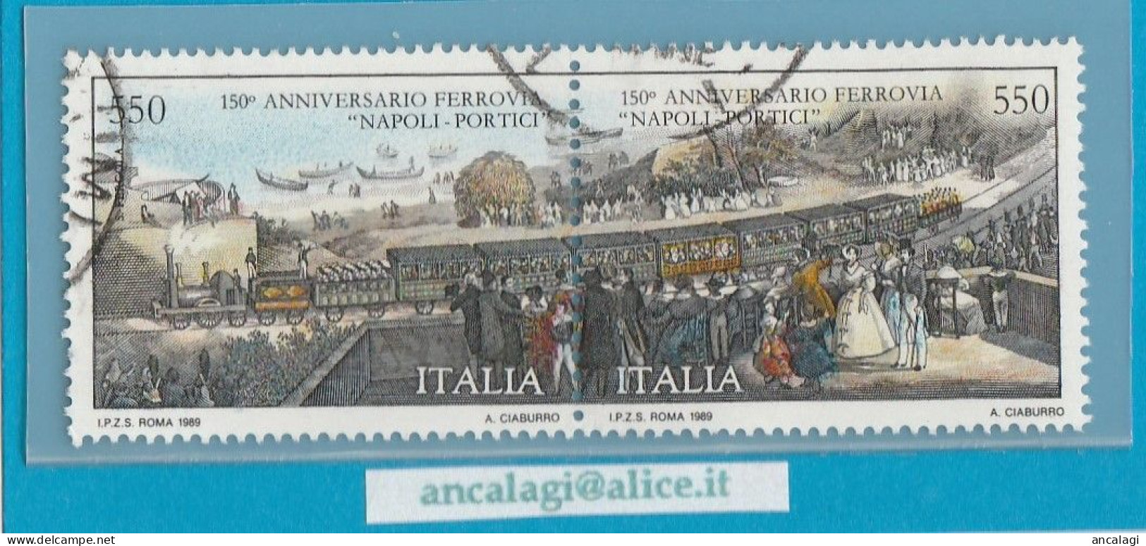 USATI ITALIA 1989 - Ref.0599 "FERROVIA NAPOLI-PORTICI" 2 Val. Dittico - 1981-90: Used