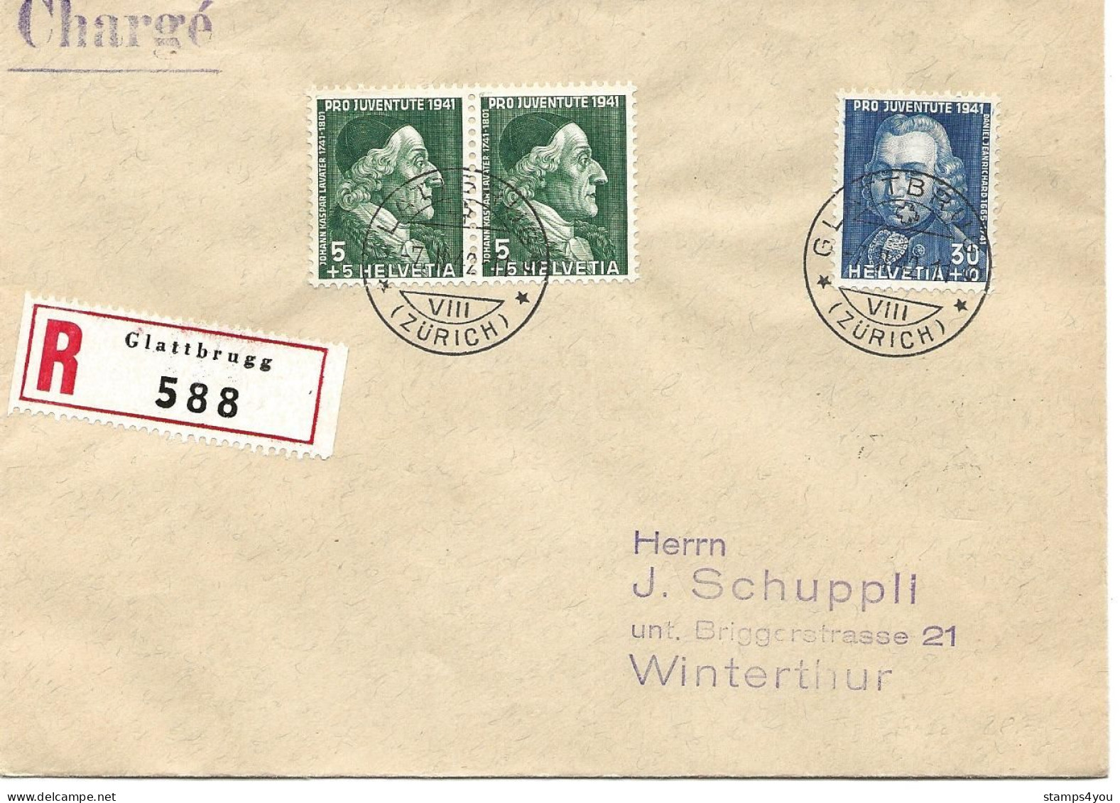 33 - 80 - Enveloppe Recommandée Envoyée De Glattbrugg 1942 - Timbres Pro Juventute - Storia Postale