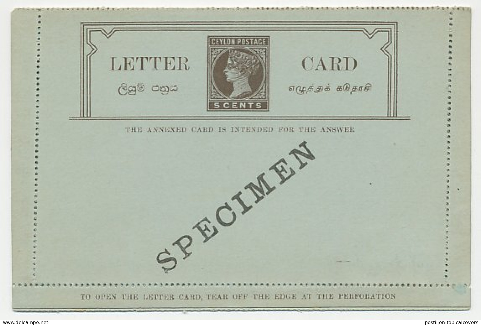 Specimen - Postal Stationery Ceylon Queen Victoria - Letter Card With Annexed Card - Familias Reales