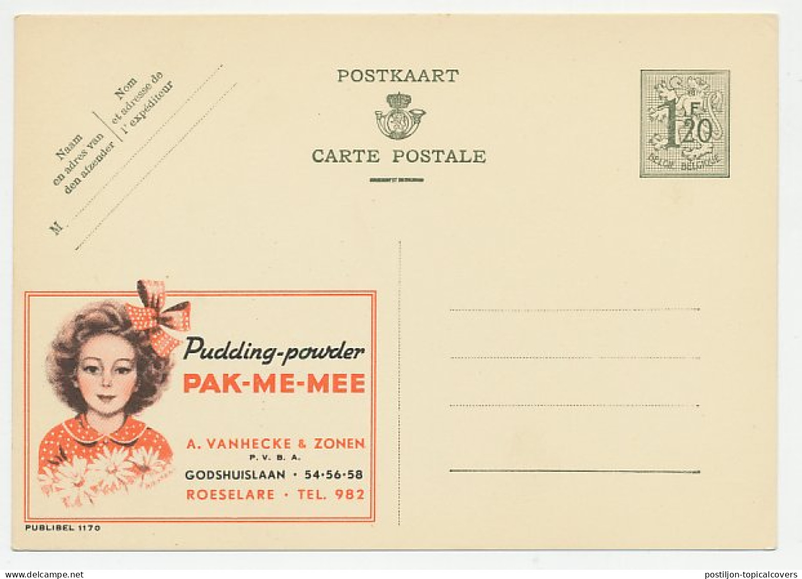 Publibel - Postal Stationery Belgium 1952 Girl - Flowers - Pudding - Otros & Sin Clasificación