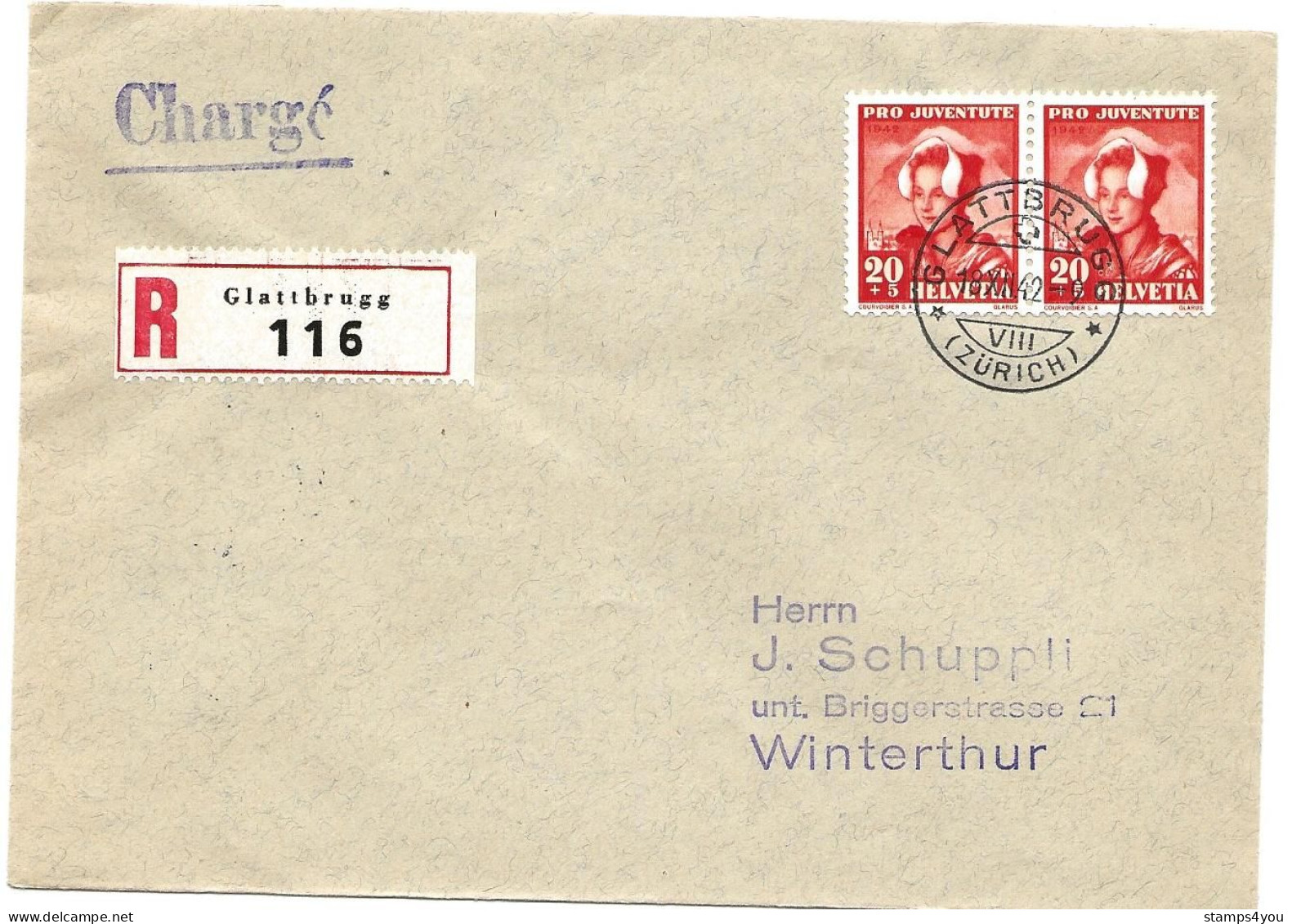 33 - 79 - Enveloppe Recommandée Envoyée De Glattbrugg 1942 - Timbres Pro Juventute - Brieven En Documenten
