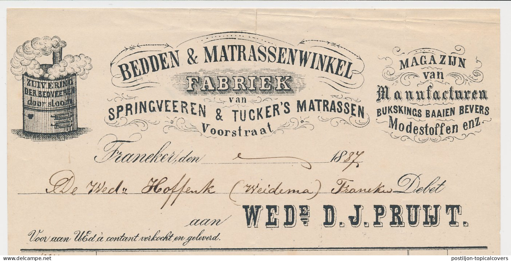 Nota Franeker 1887 - Bedden - Matrassen - Zuivering Beddeveren  - Holanda
