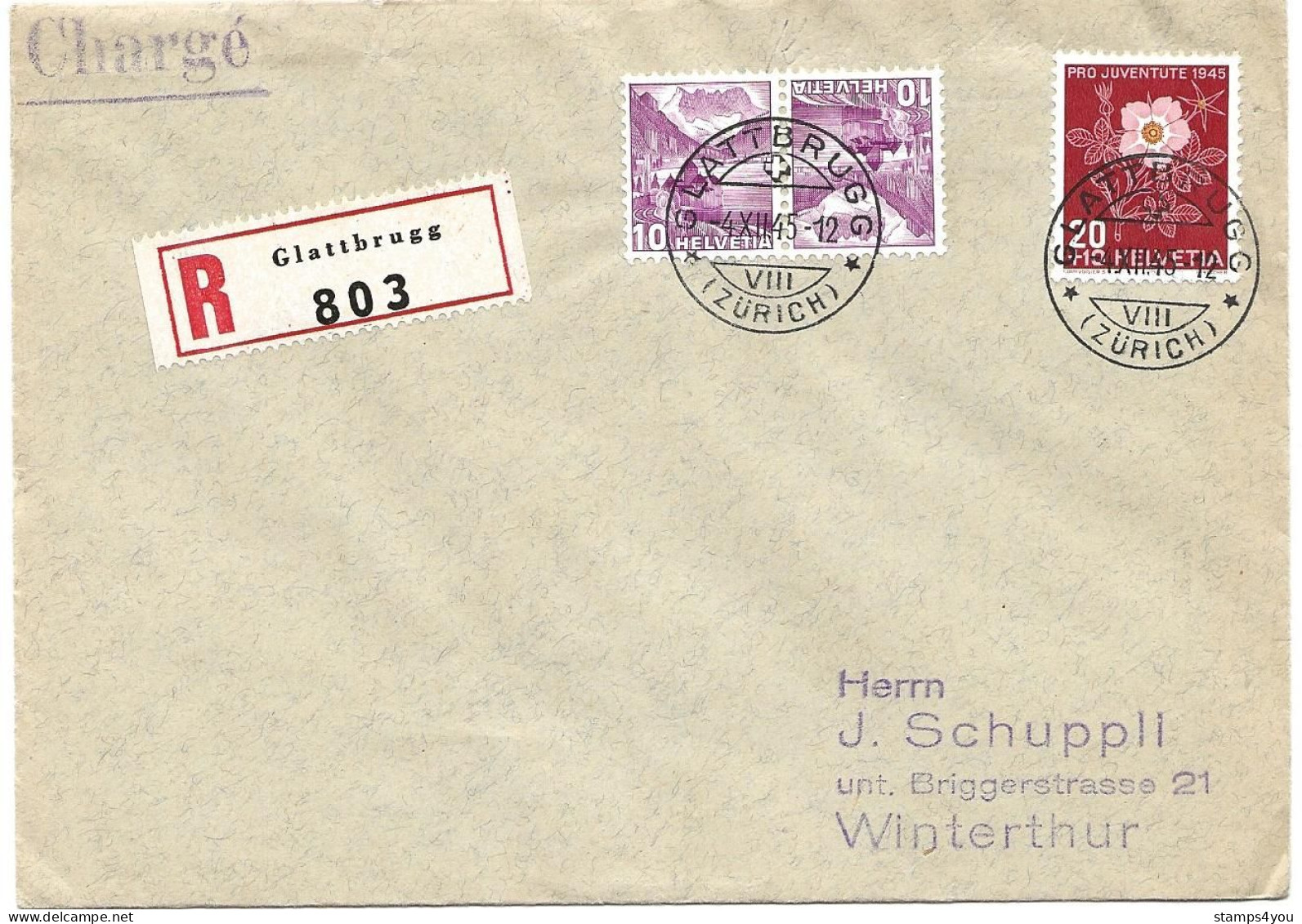 33 - 64 - Enveloppe Recommandée Envoyée De Glattbrugg 1945 - Timbre Pro Juventute - Storia Postale