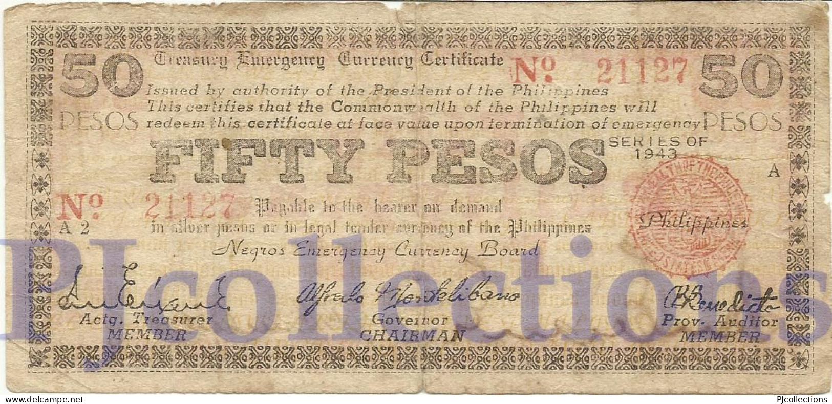 PHILIPPINES 50 PESOS 1943 PICK S665 FINE EMERGENCY BANKNOTE - Filipinas