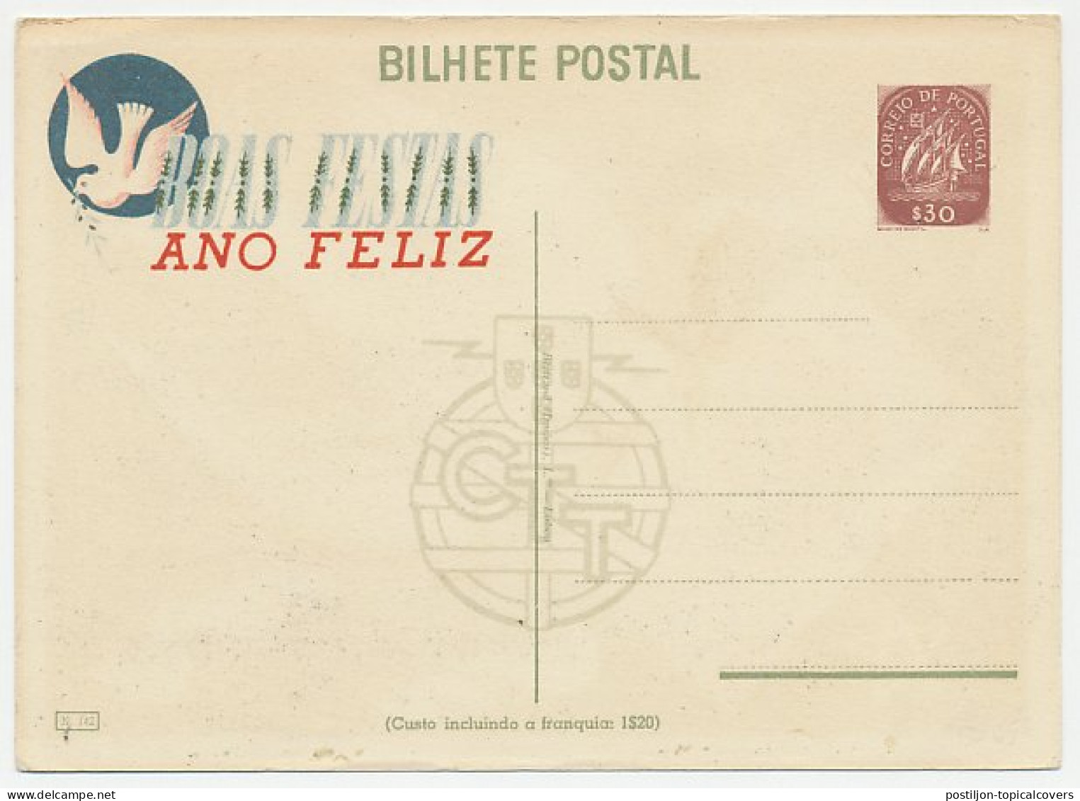 Postal Stationery Portugal Christmas Letter - Pigeon - Weihnachten