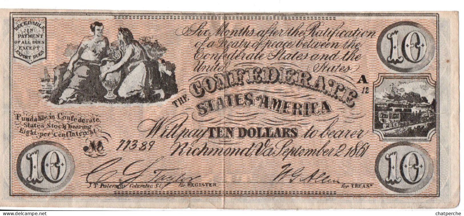 POUR COLLECTIONNEUR FAUX-BILLET FAKE 10 TEN DOLLARS THE CONFEDERATE UNITED STATES OF AMERICA - Collezioni