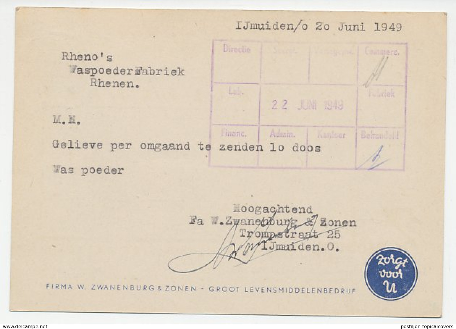 Firma Briefkaart IJmuiden 1949 - Levensmiddelen / Zwaan - Zonder Classificatie