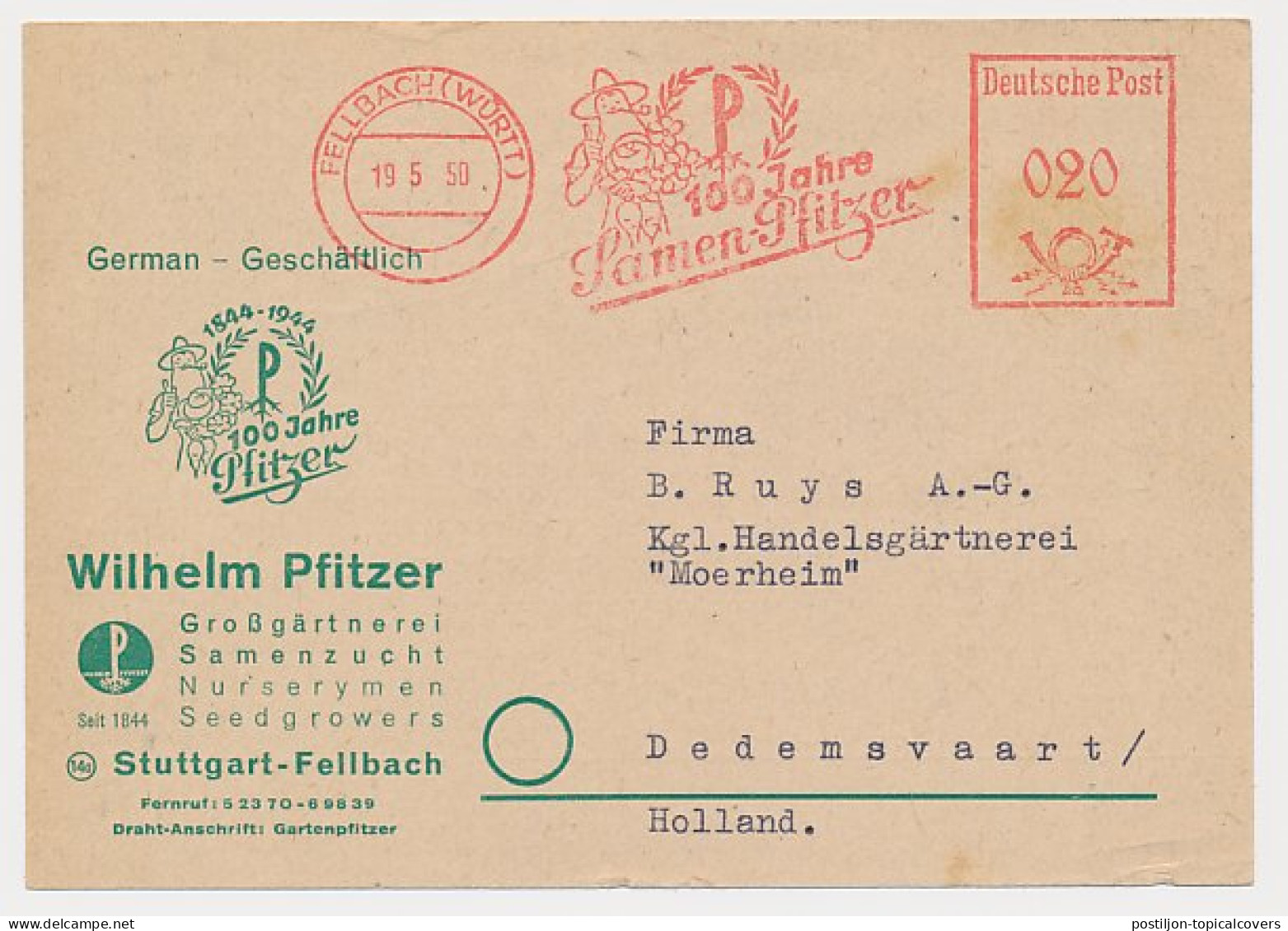 Illustrated Meter Card Germany 1950 Seeds - Farmer - Pipe Smoking - Landwirtschaft