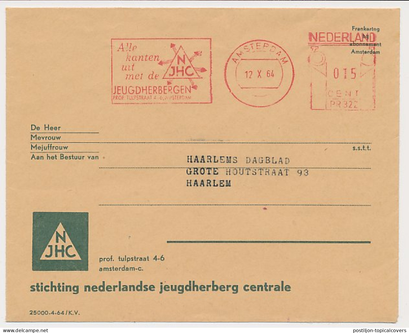 Meter Cover Netherlands 1964 Youth Hostels - Amsterdam - Autres & Non Classés