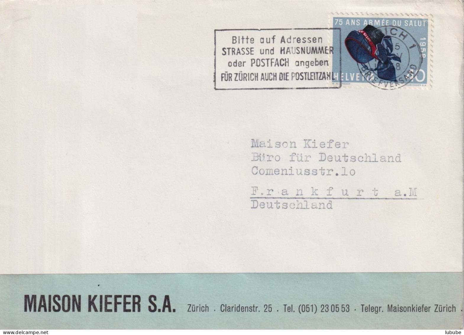 Motiv Brief  "Maison Kiefer SA, Zürich" - Frankfurt        1958 - Cartas & Documentos