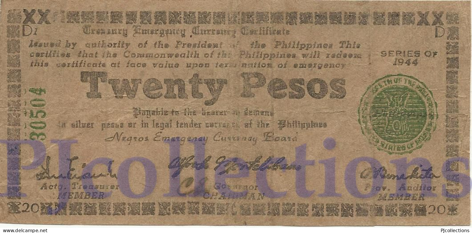 PHILIPPINES 20 PESOS 1944 PICK S680a VF EMERGENCY BANKNOTE - Filipinas