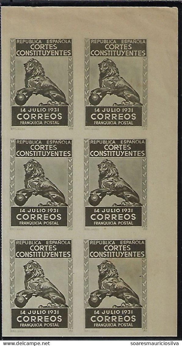Spain 1931 6 Imperforate Stamp Corner Sheet Postage Free Of The Constituent Courts Of The Second Spanish Republic Lion - Portofreiheit