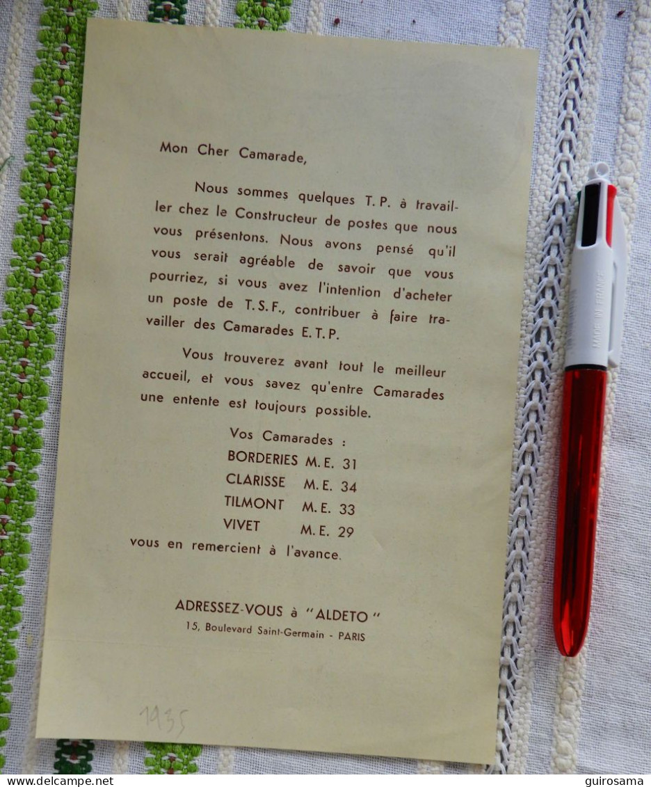 Pub Pour Aldeto, Poste TSF -  1935 - Literatuur & Schema's
