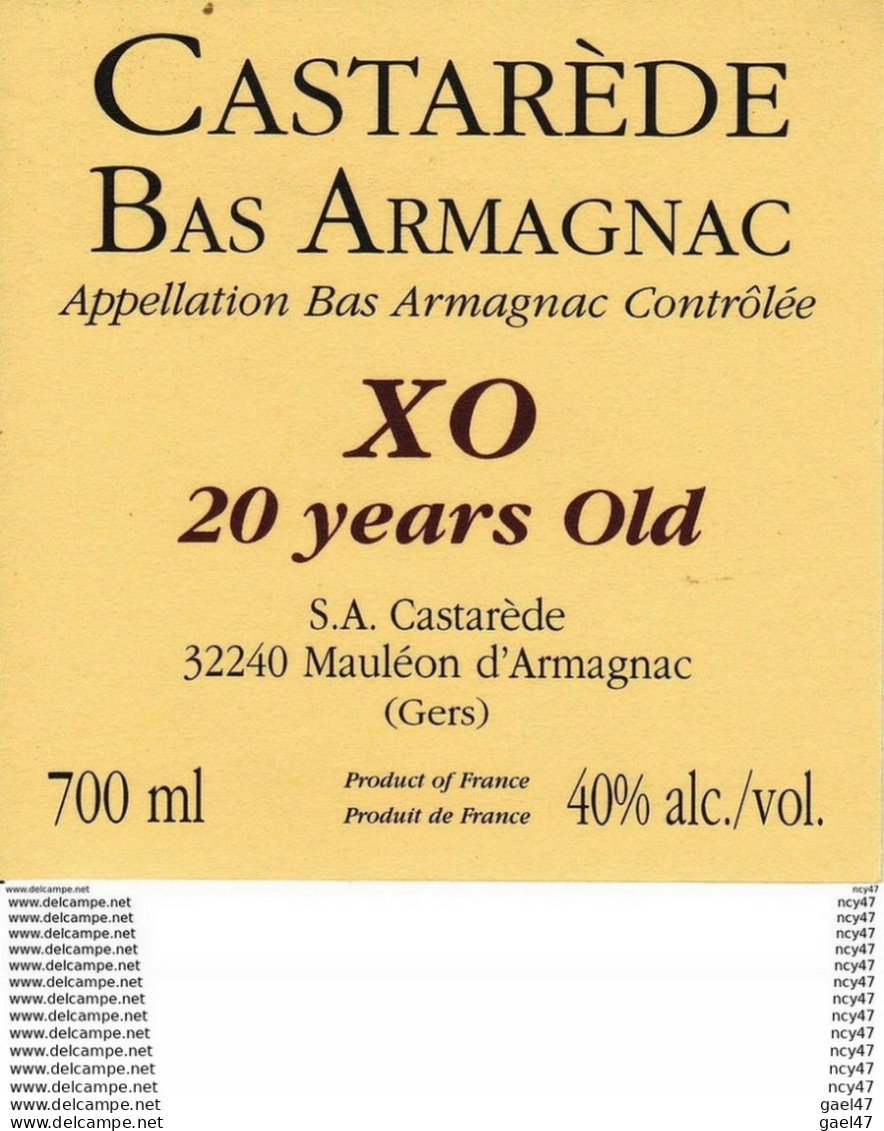 ETIQUETTES. BAS ARMAGNAC CASTAREDE XO 20ans (Mauléon D'Armagnac. 32240) 70cl. ..C110 - Andere & Zonder Classificatie